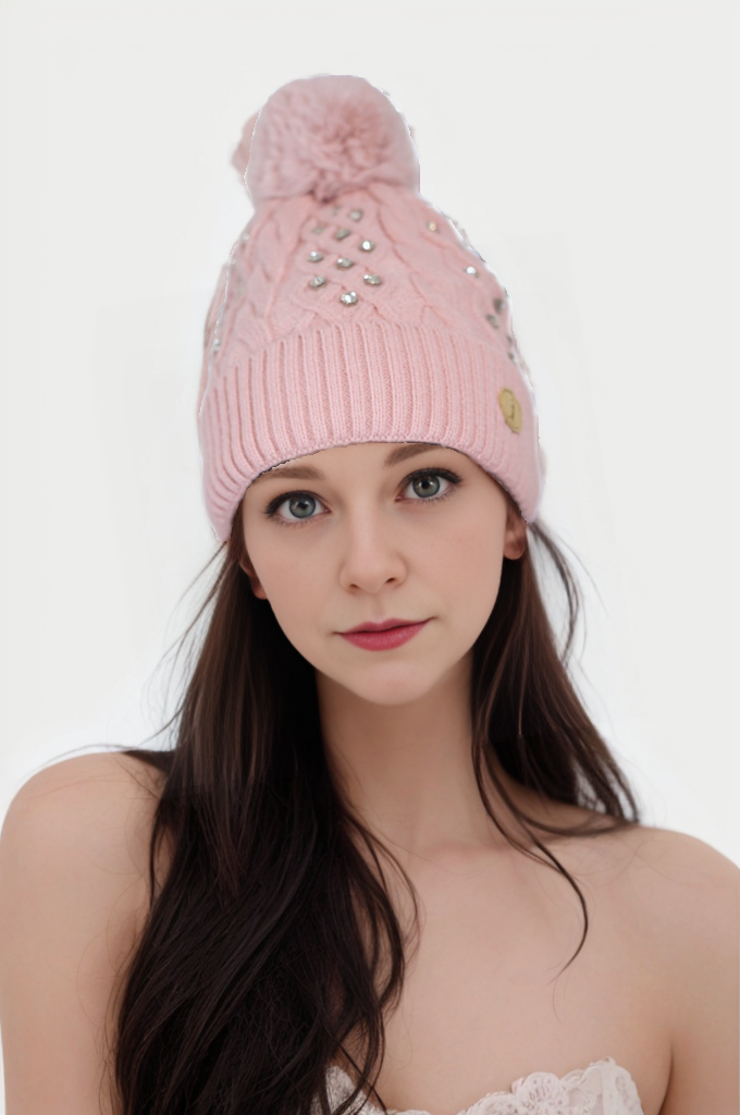 Woman's knitted bedazzled pom pom hat