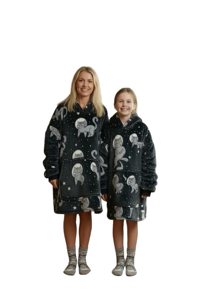 Glow In The Dark Cat Oversized Blanket Hoodie & Slipper Socks