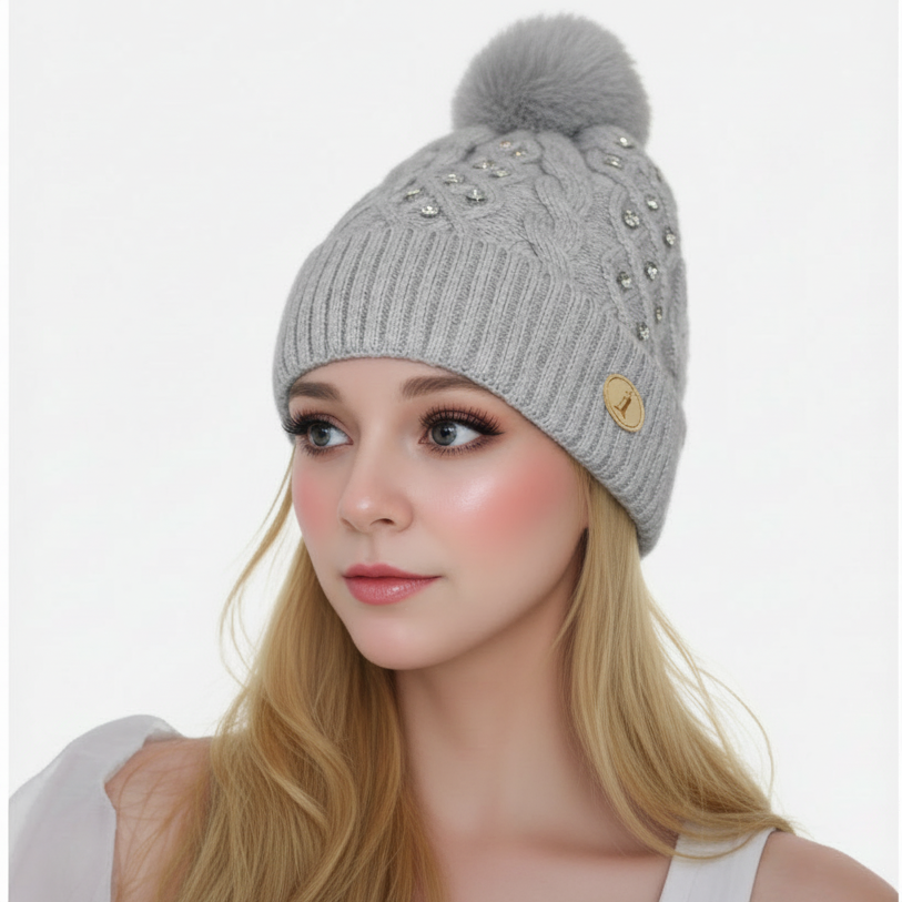 Woman's knitted bedazzled pom pom hat