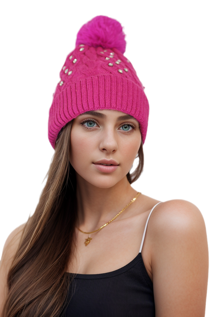 Woman's knitted bedazzled pom pom hat