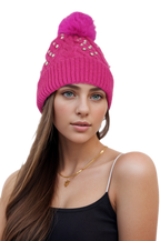 Woman's knitted bedazzled pom pom hat
