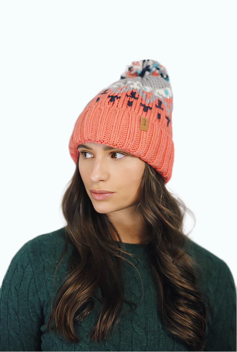 Woman's knitted winter beanie hat with pom pom-warm fair bobble hat