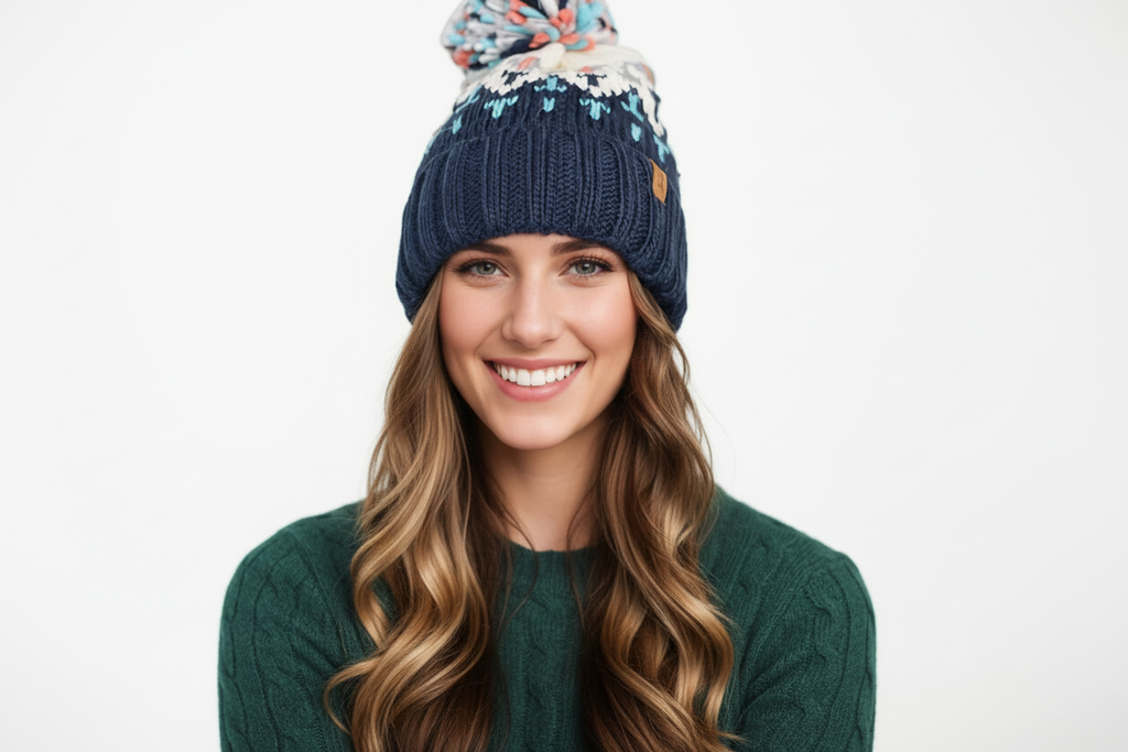 Woman's knitted winter beanie hat with pom pom