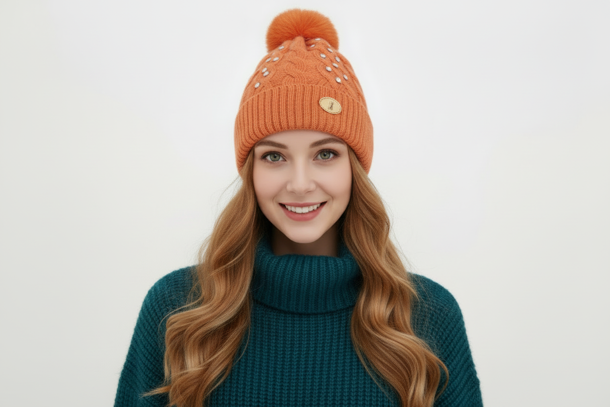 Woman's knitted bedazzled pom pom hat
