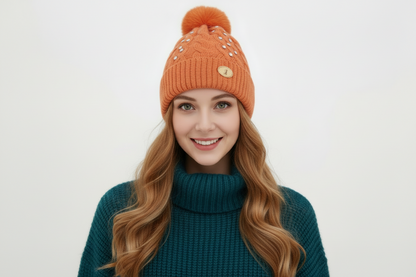 Woman's knitted bedazzled pom pom hat