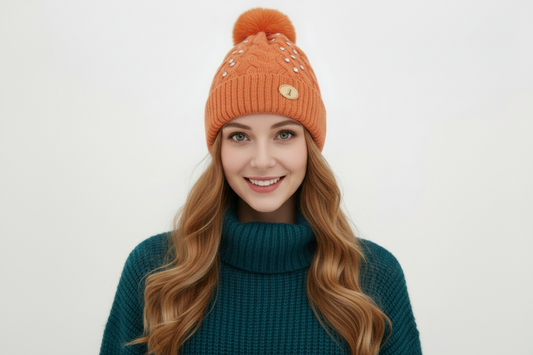 Woman's knitted bedazzled pom pom hat