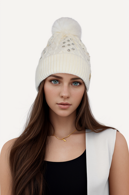 Woman's knitted bedazzled pom pom hat