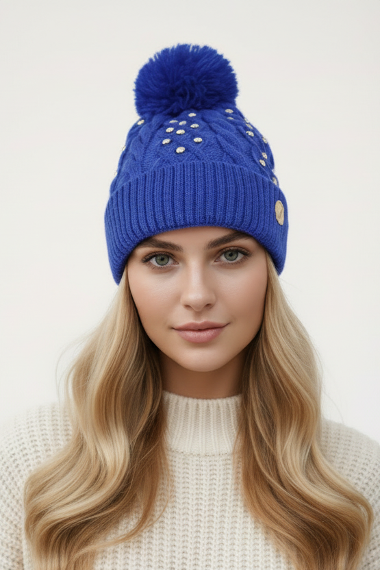Woman's knitted bedazzled pom pom hat