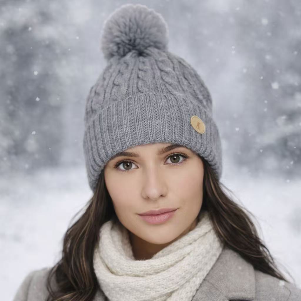 Knitted Beanie Hat with Pom Pom Fur Lining Warm Winter Hat for Women UK