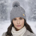 Knitted Beanie Hat with Pom Pom Fur Lining Warm Winter Hat for Women UK