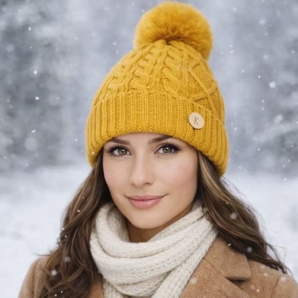 Knitted Beanie Hat with Pom Pom Fur Lining Warm Winter Hat for Women UK