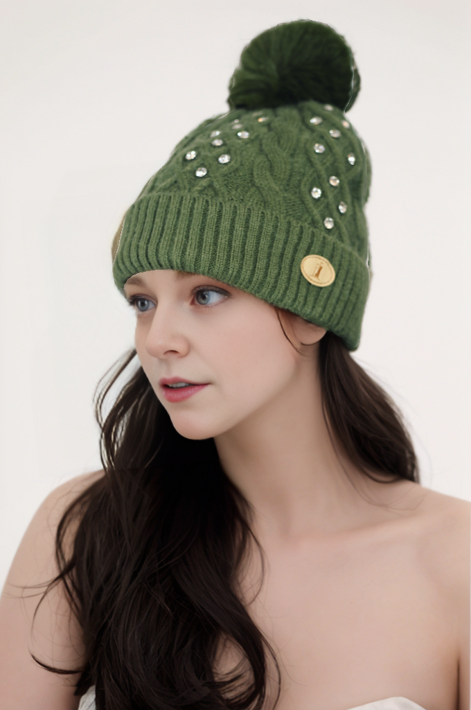 Woman's knitted bedazzled pom pom hat