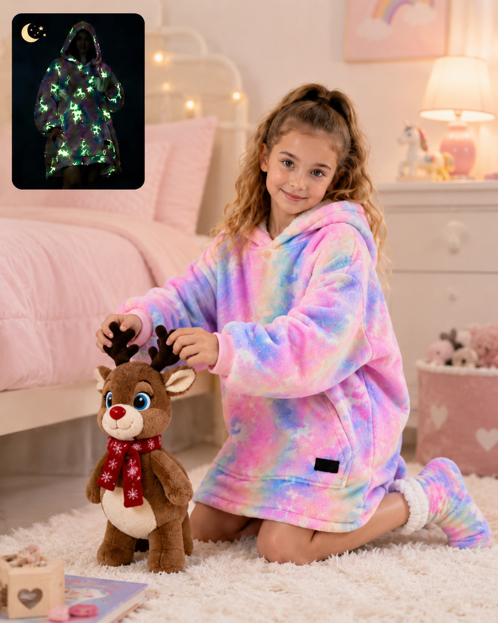 Glow in Dark Deer Kids’ Blanket Hoodie