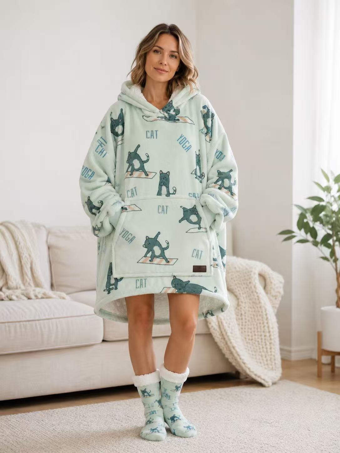 Yoga Cat Adult Oversized Blanket Hoodie