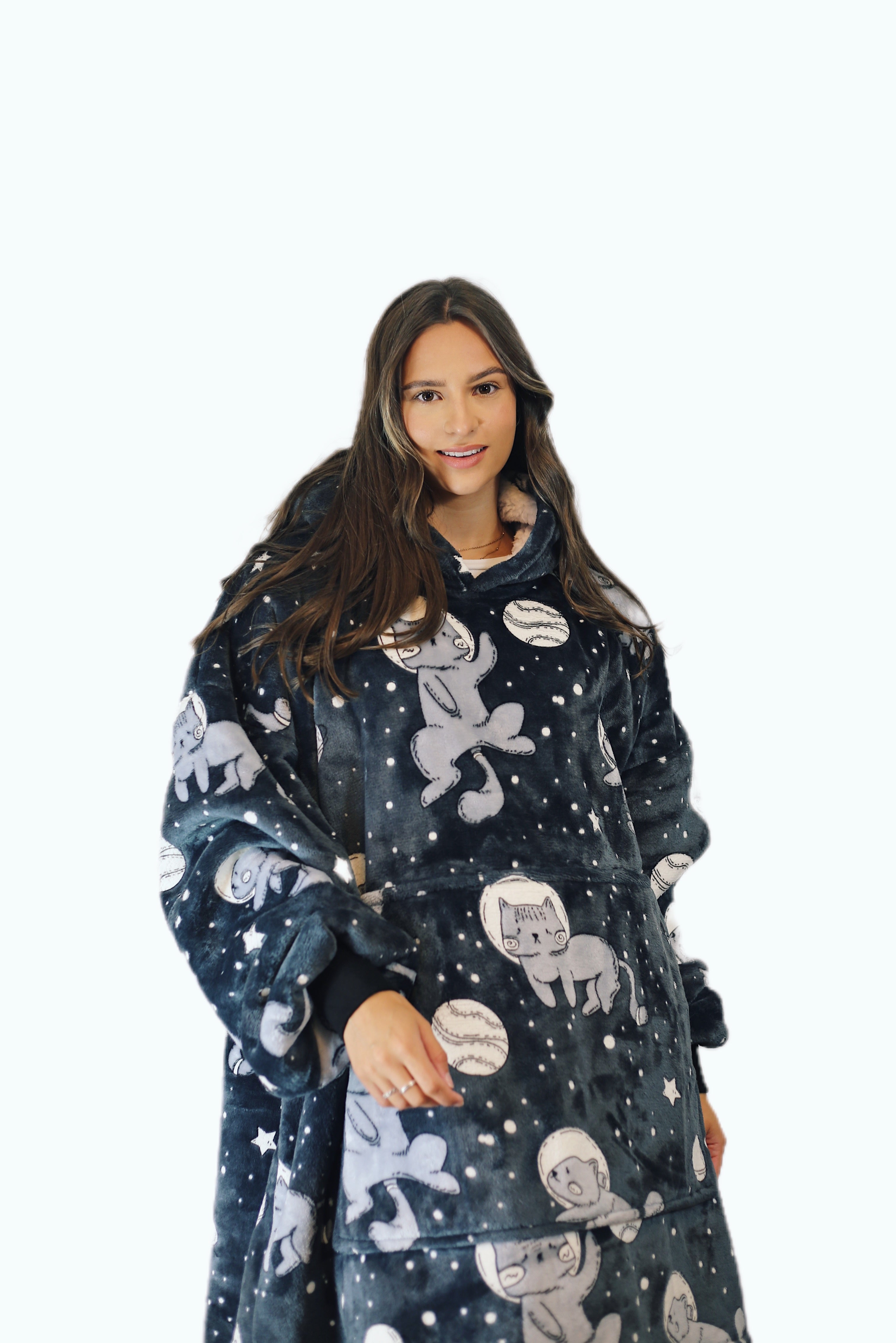 Glow In The Dark Cat Oversized Blanket Hoodie & Slipper Socks