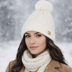 Knitted Beanie Hat with Pom Pom Fur Lining Warm Winter Hat for Women UK