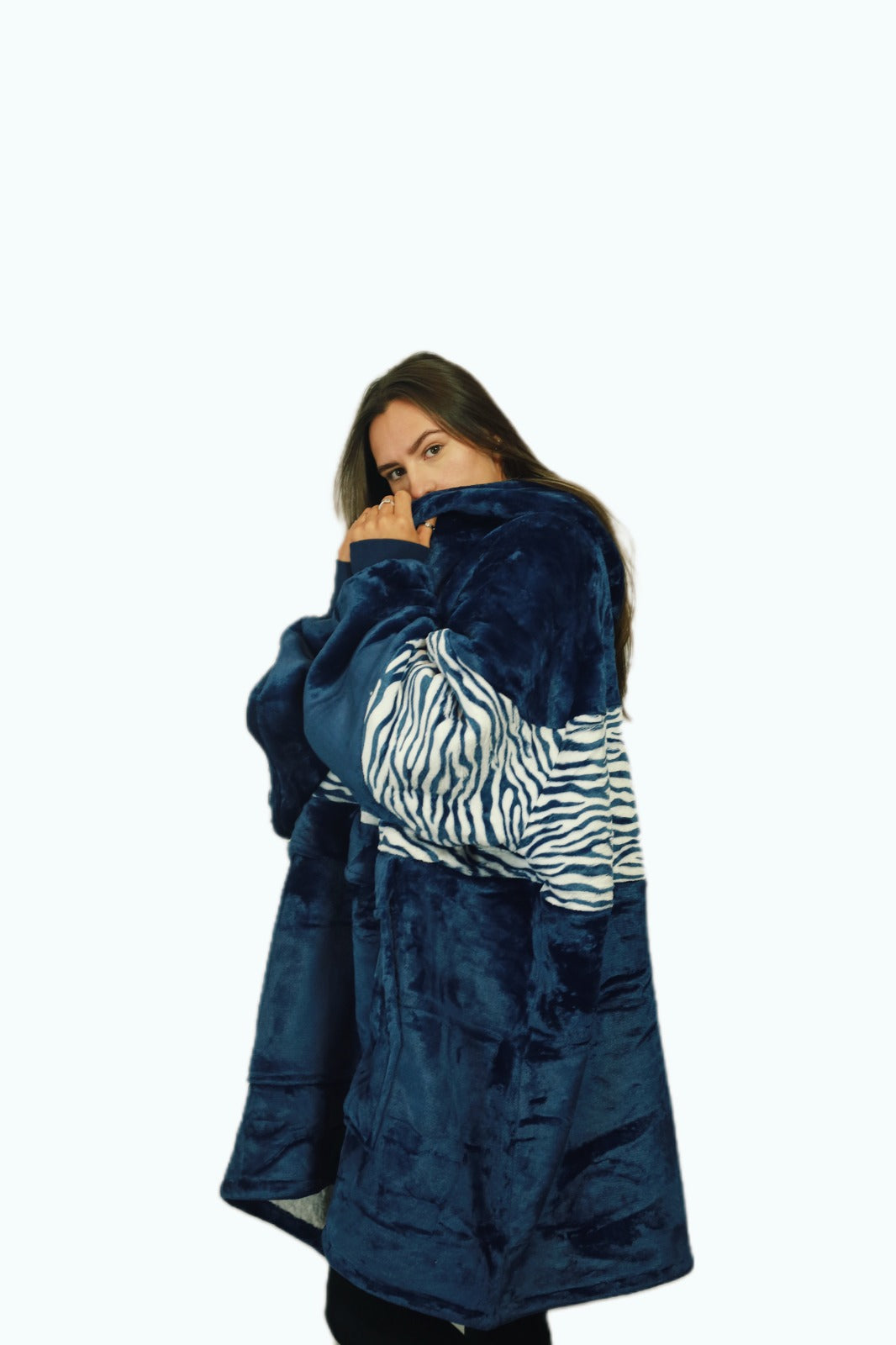 Navy Zebra Oversized Blanket Hoodie & Slipper Socks