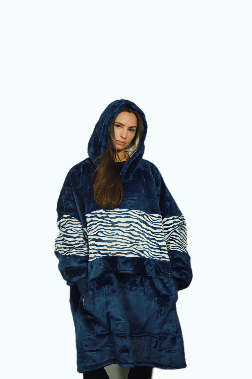 Navy Zebra Oversized Blanket Hoodie & Slipper Socks