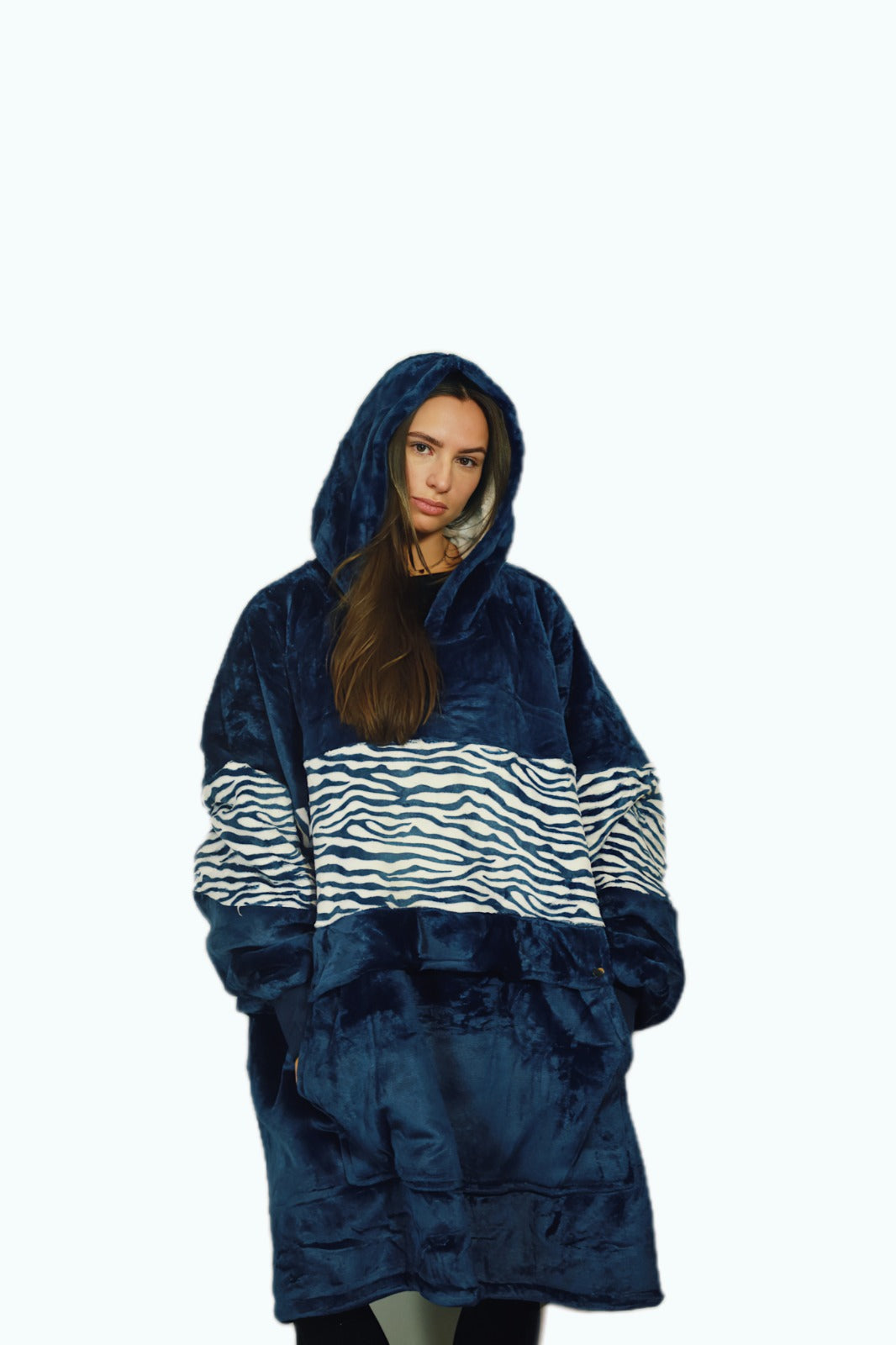 Navy Zebra Oversized Blanket Hoodie & Slipper Socks